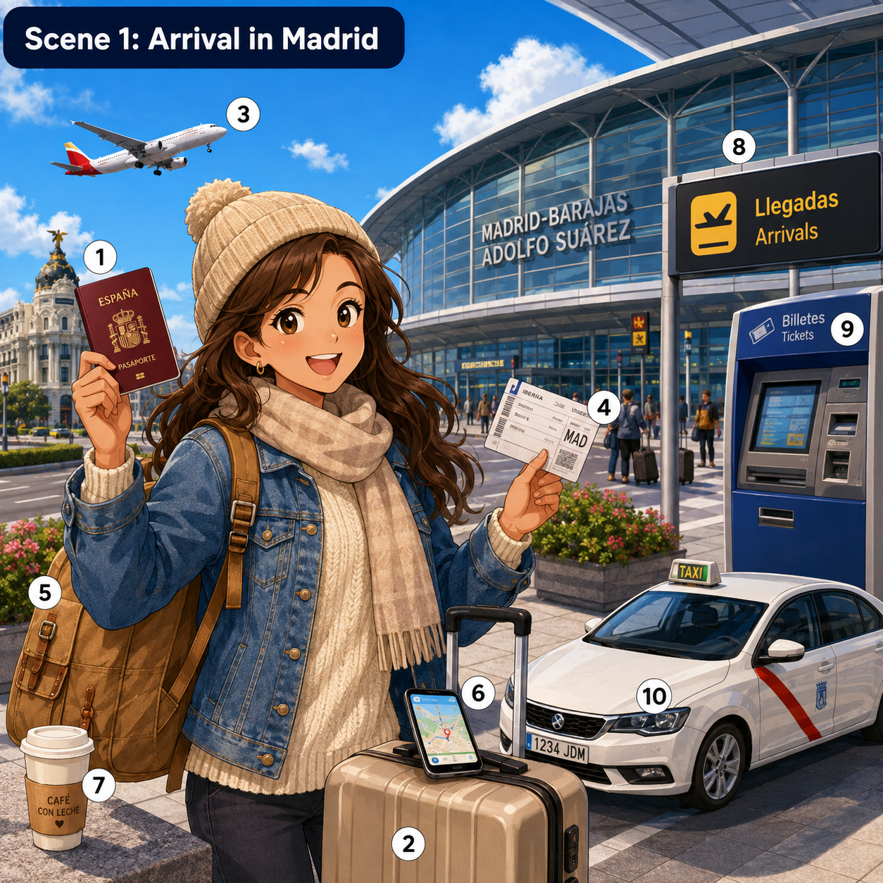 Arrival in Madrid illustrated scene from Lina Visits Madrid