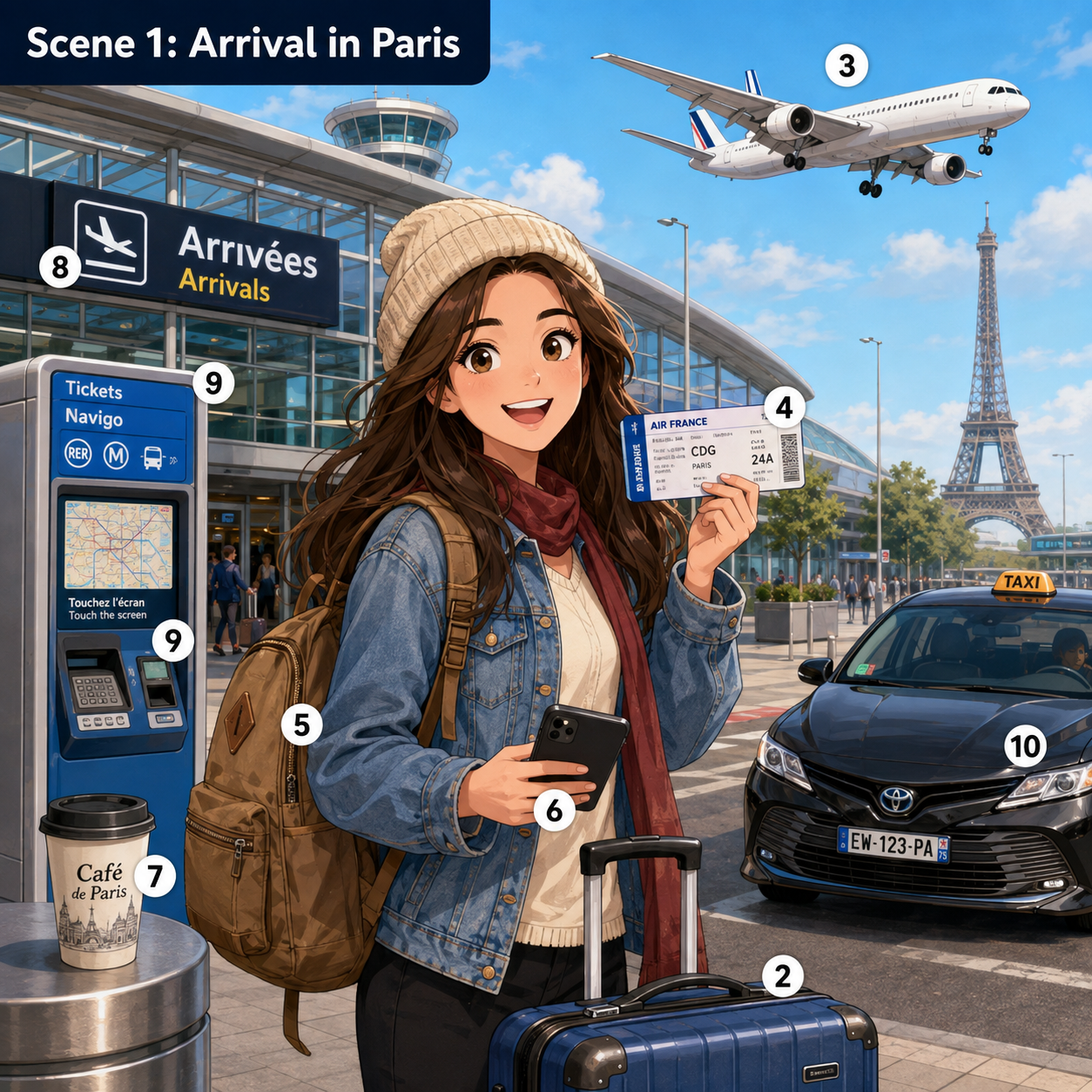Arrival in Paris illustrated scene from Lina Visits Paris
