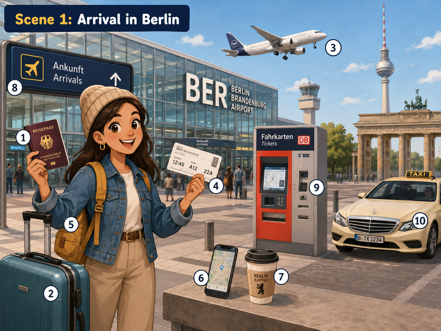 Arrival in Berlin illustrated scene from Lina Visits Berlin